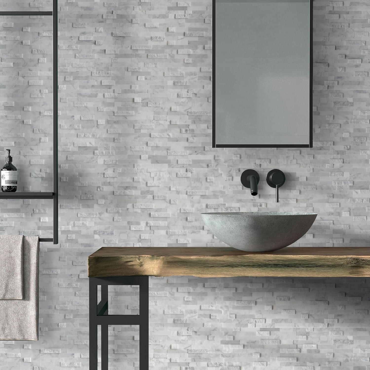 SUNWINGS 5-Sheet Peel and Stick Mosaic Natural 3D Stone Self Adhesive Marble Til