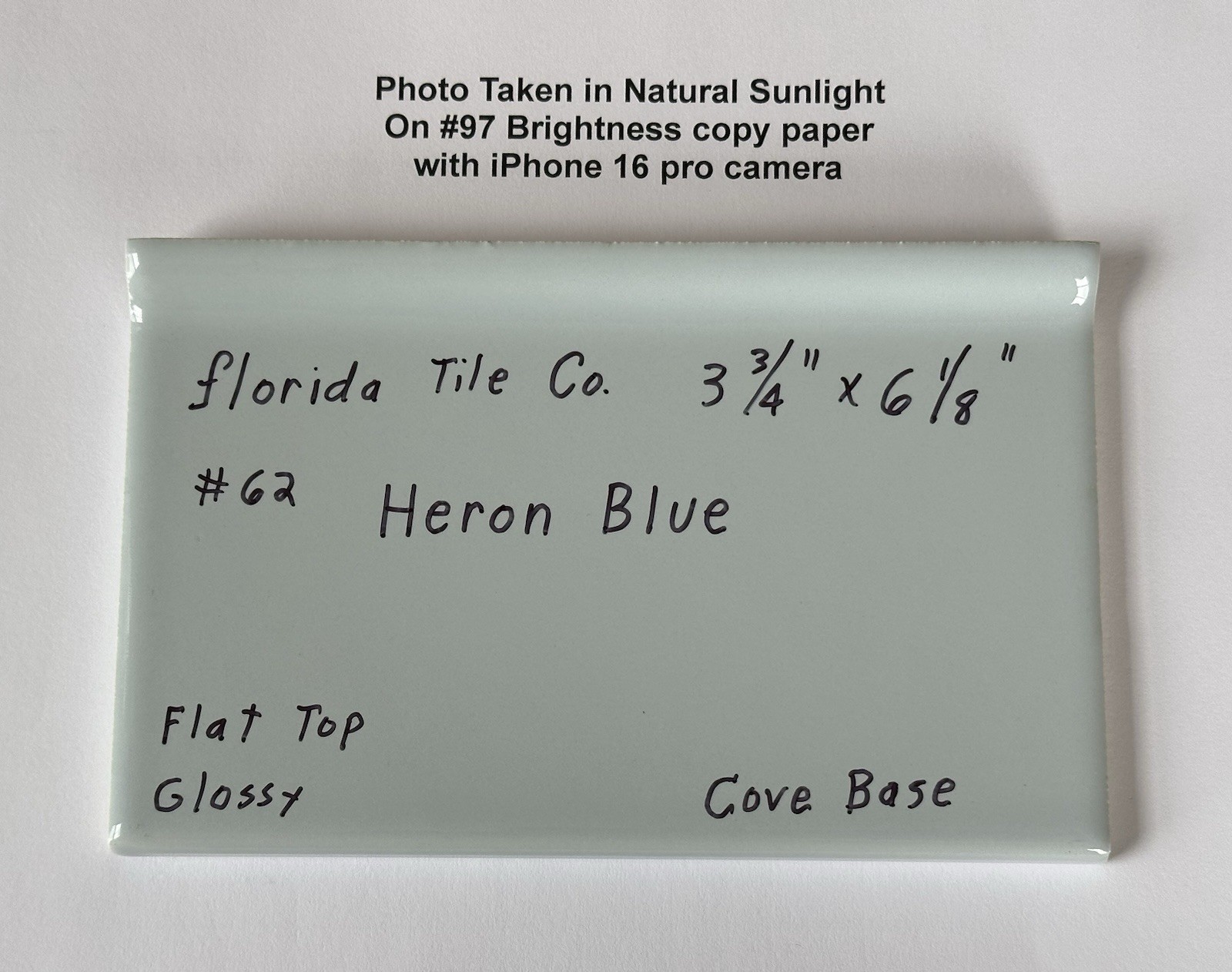 1 pc. Heron Blue: 3-3/4″ X 6-1/8″ Ceramic Cove Base Tile: florida Co. Flat Top