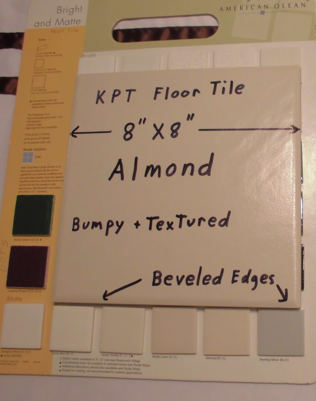 1 pc. *Almond* Ceramic / Porcelain Floor Tile Bumpy-Textured-Beveled by KPT Co.