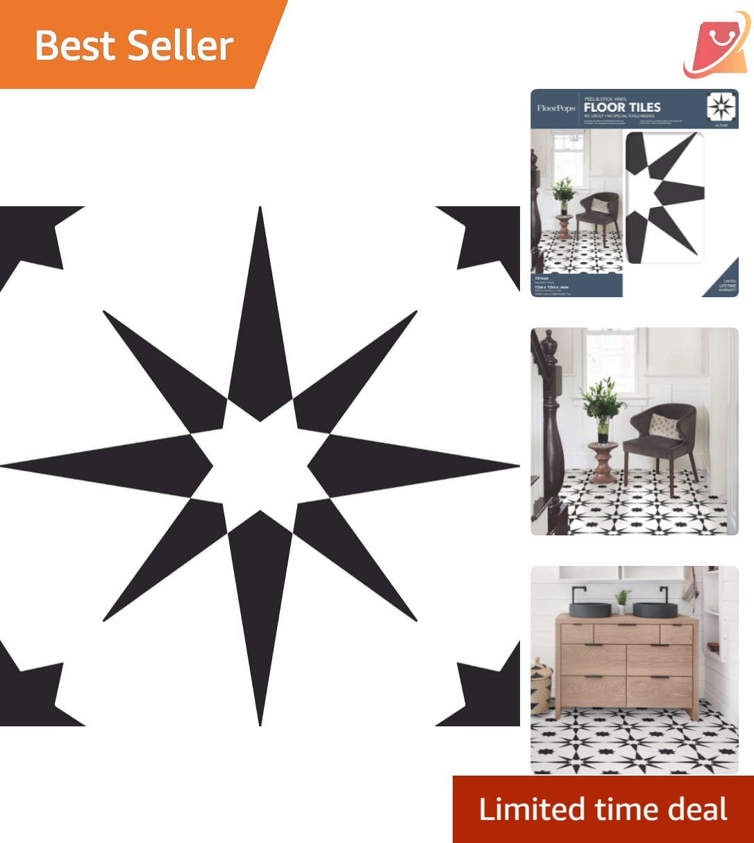 Peel & Stick Floor Tiles Vinyl Black 12x12in Water Resistant Easy Install