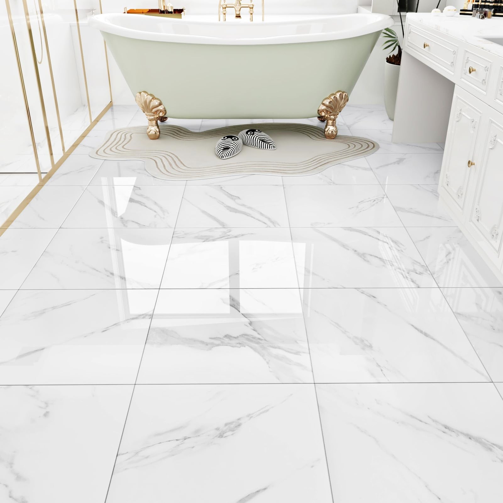 White Marble Peel and Stick Floor Tile Bathroom Self Adhesive Floor Tiles Peel a