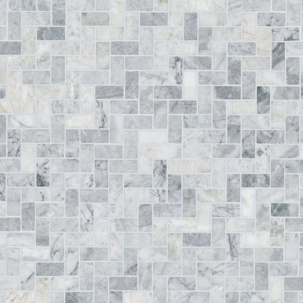 Capri Blue Herringbone 12 In. X 12 In. X 0.38 In. Honed Marble Mesh-Mounted Mosa