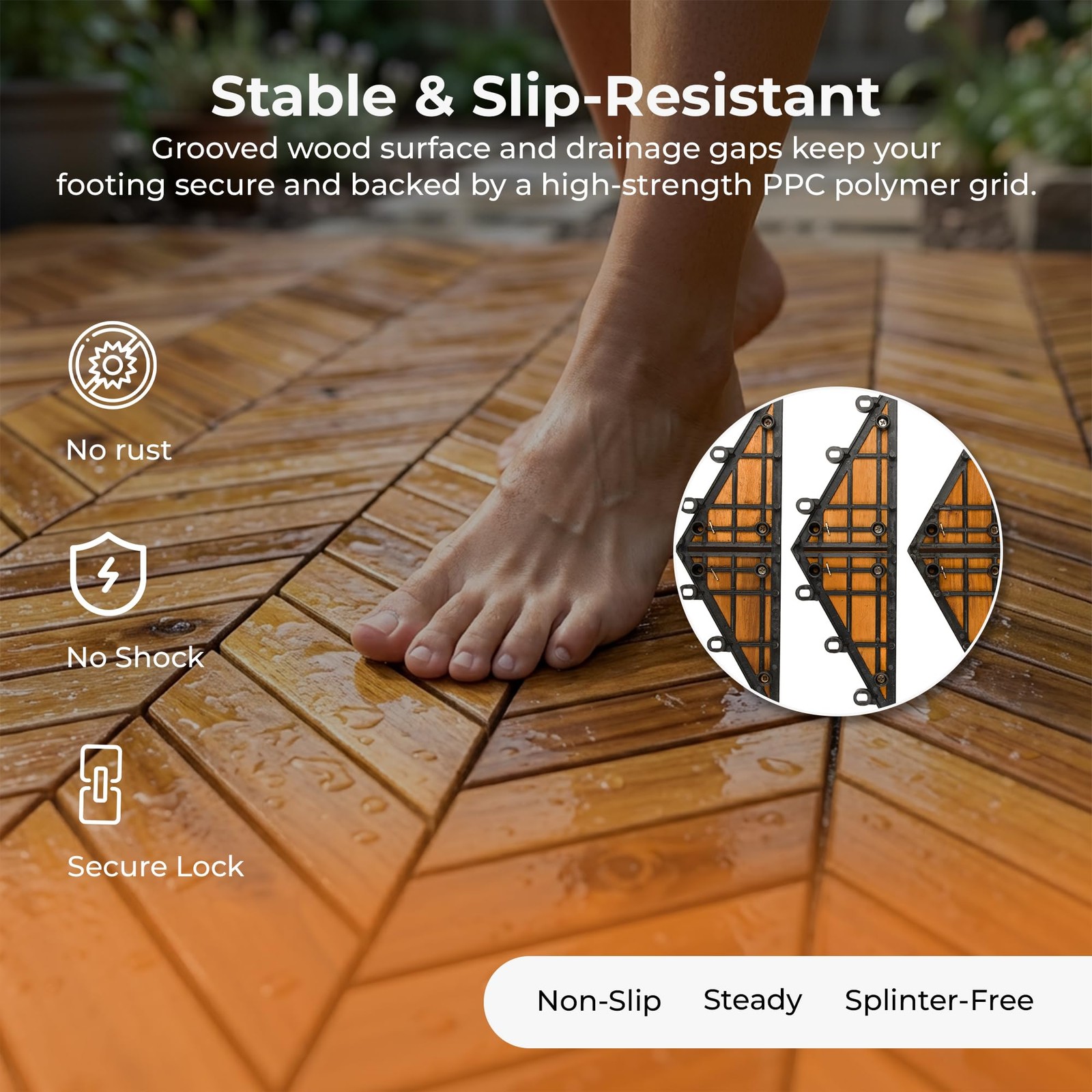 Interlocking Deck Tiles, 8-Pack Herringbone Acacia Wood Patio Tiles with 2 Ed…