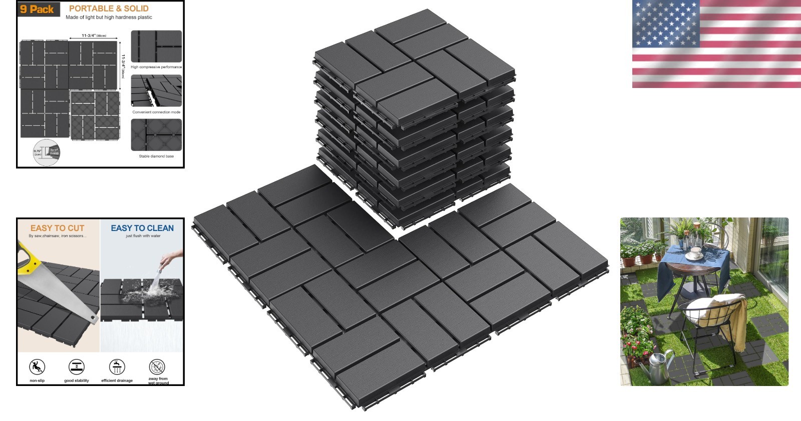Interlocking Deck Tiles – 9 Pack, Waterproof Outdoor Flooring, 12×12