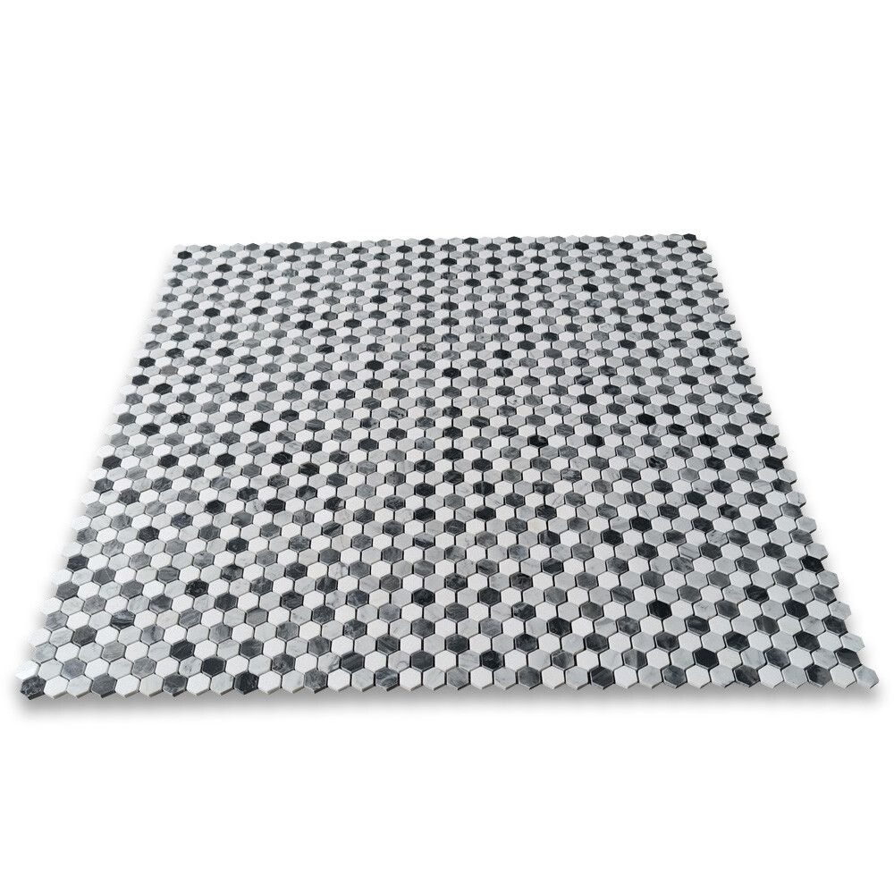 C31A7XP Carrara White Bardiglio Gray Thassos White Marble Hexagon Mosaic Tile