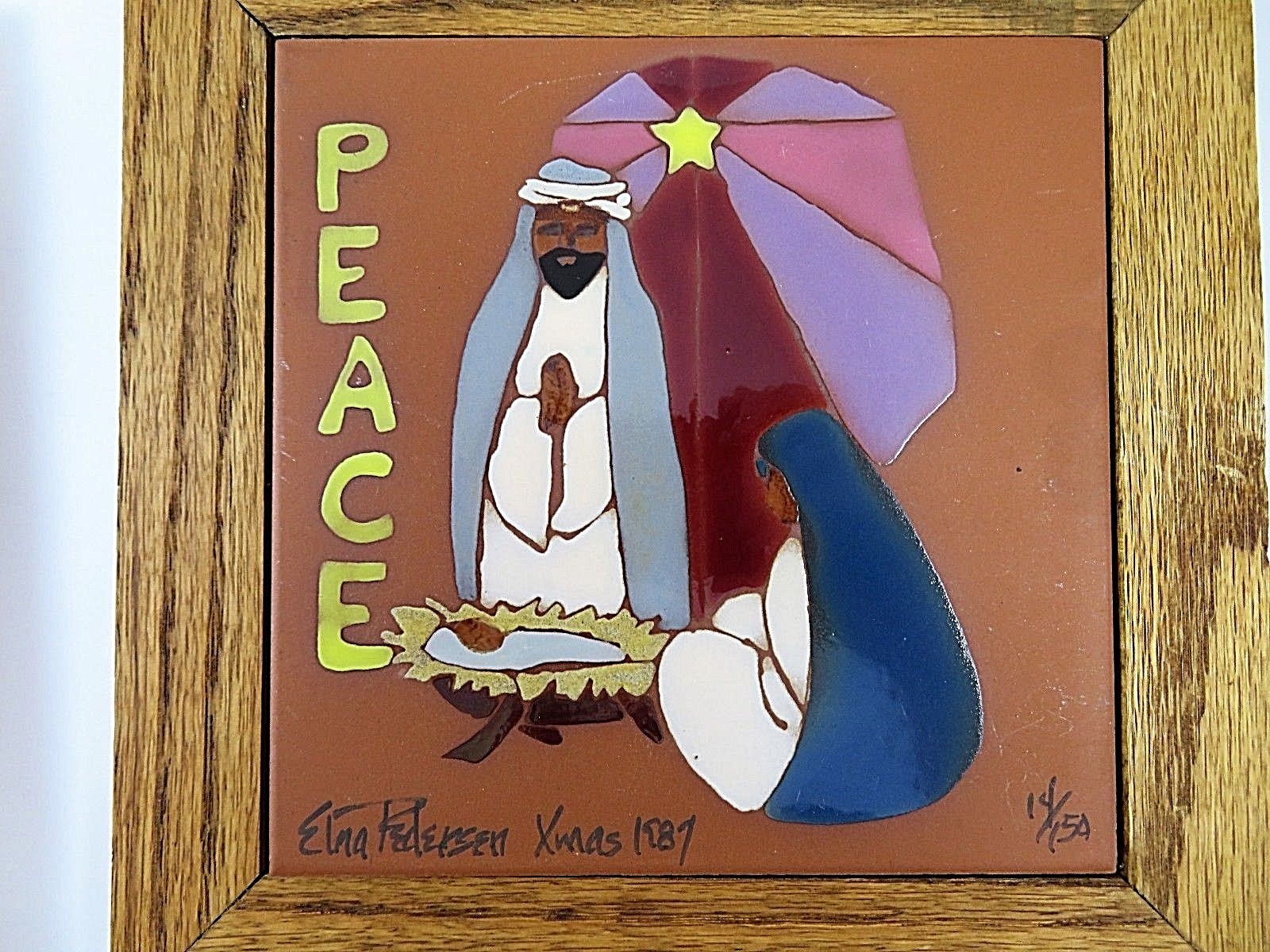Pair Southwest Christmas Holy Family Oak Framed Clay Tile Wall Hangings Signed