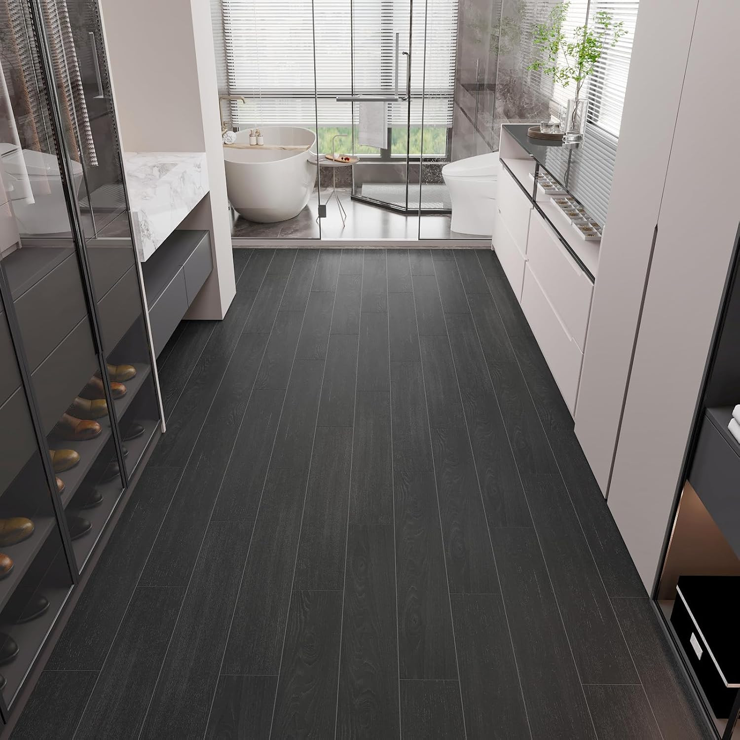 6”X36” Oak Wood Vinyl Flooring Planks Black Peel and Stick Floor Tiles