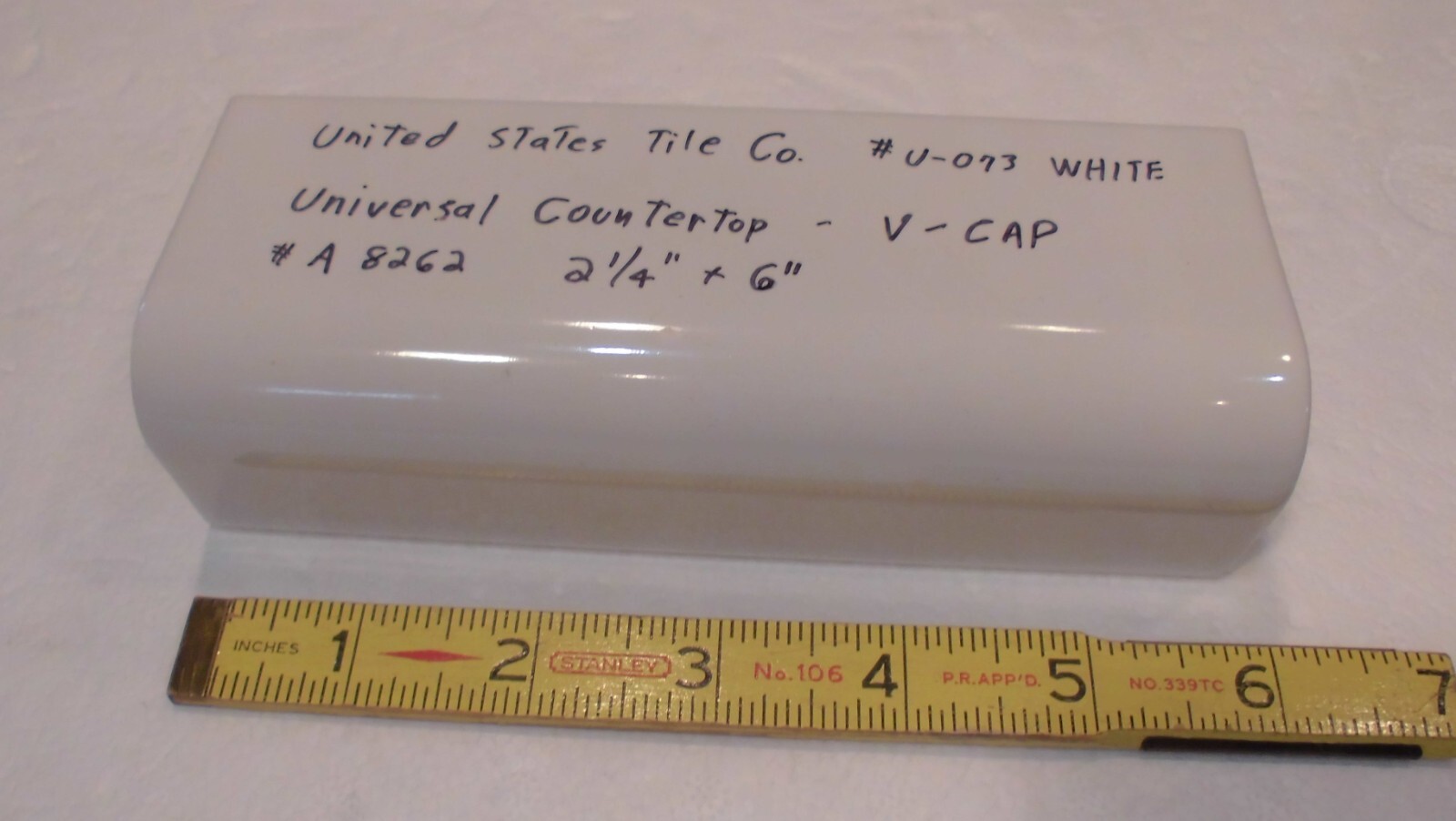 1 pc. Gloss White #U-073: V-Cap Ceramic Trim Countertop Tile: Reversable, U.S.A.