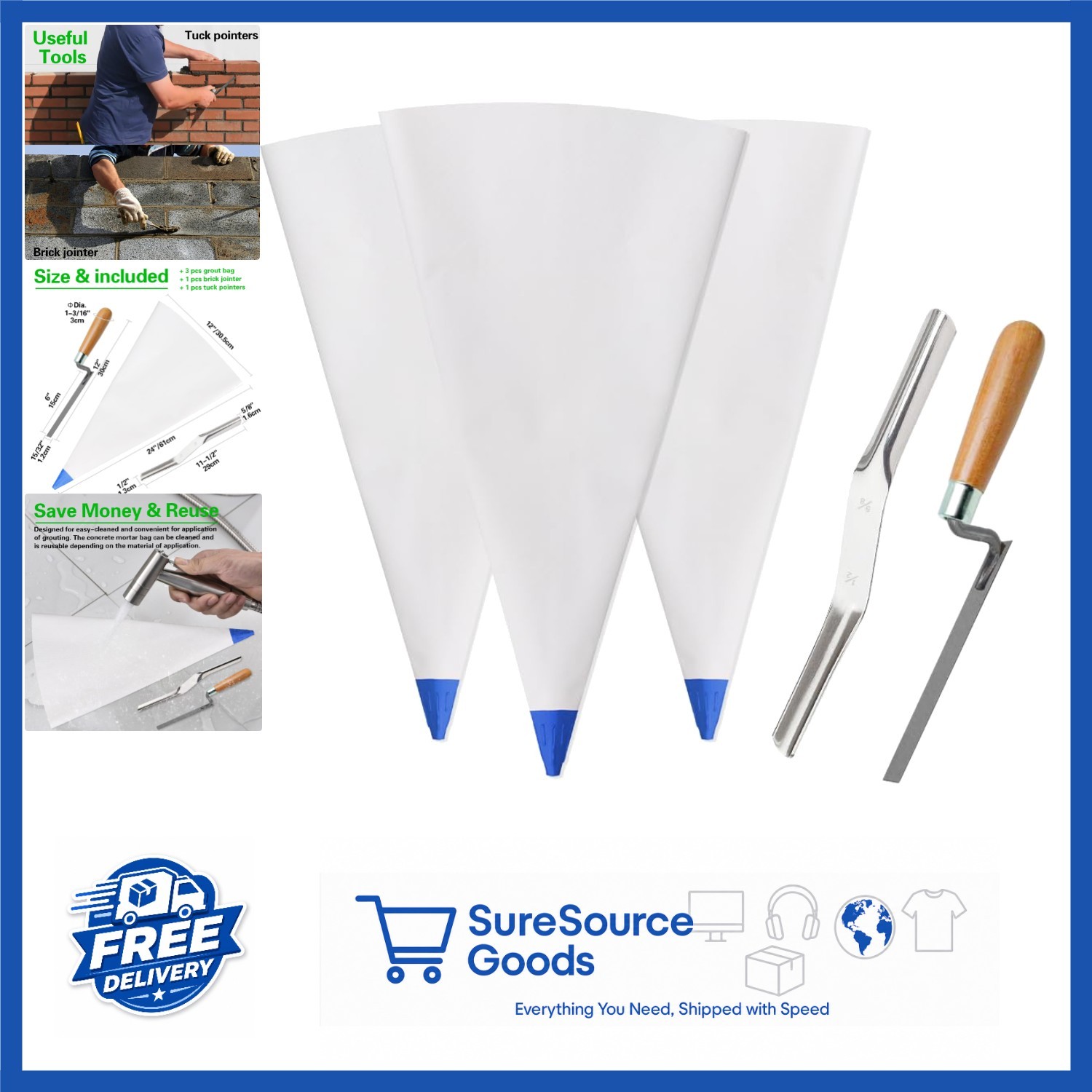 3 Pack Waterproof Grout Bags 12″ x 24″ for Masonry and Tile Projects