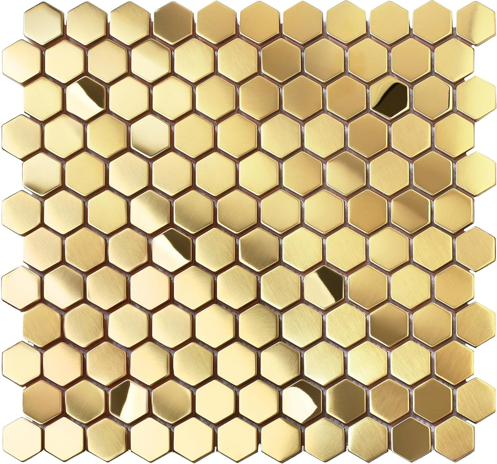 Hexagon Gold Backsplash Tile, Mosaic Sheets 12 Inch Mesh Mounted Brushed Shiny