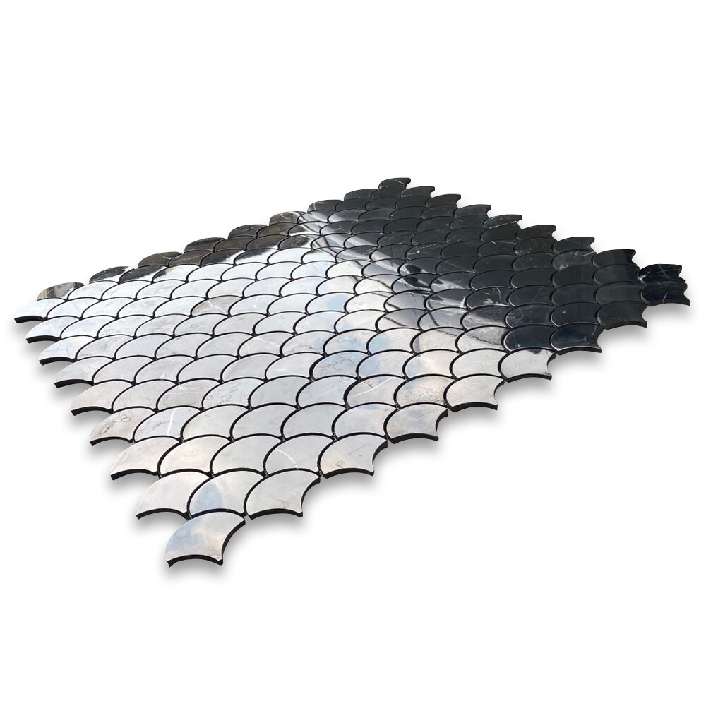 N993XP Nero Marquina Black Marble Fish Scale Fan Shape Mosaic Tile Polished