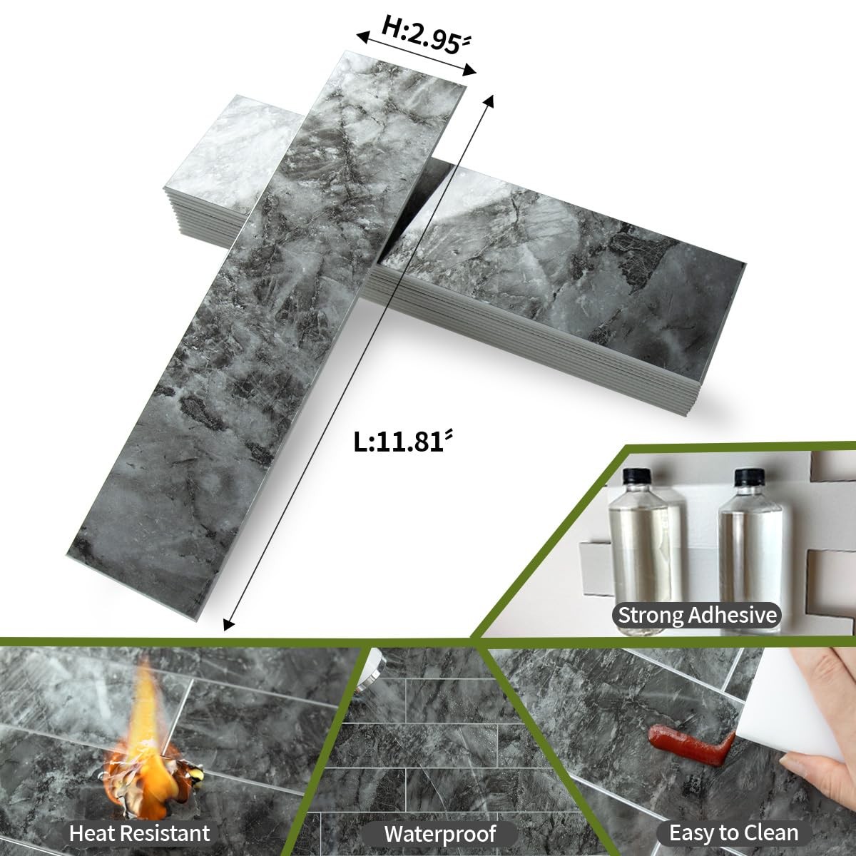 40-Piece Polished Dark Grey Marble Peel and Stick Backsplash Wall Tiles, 3″ x…