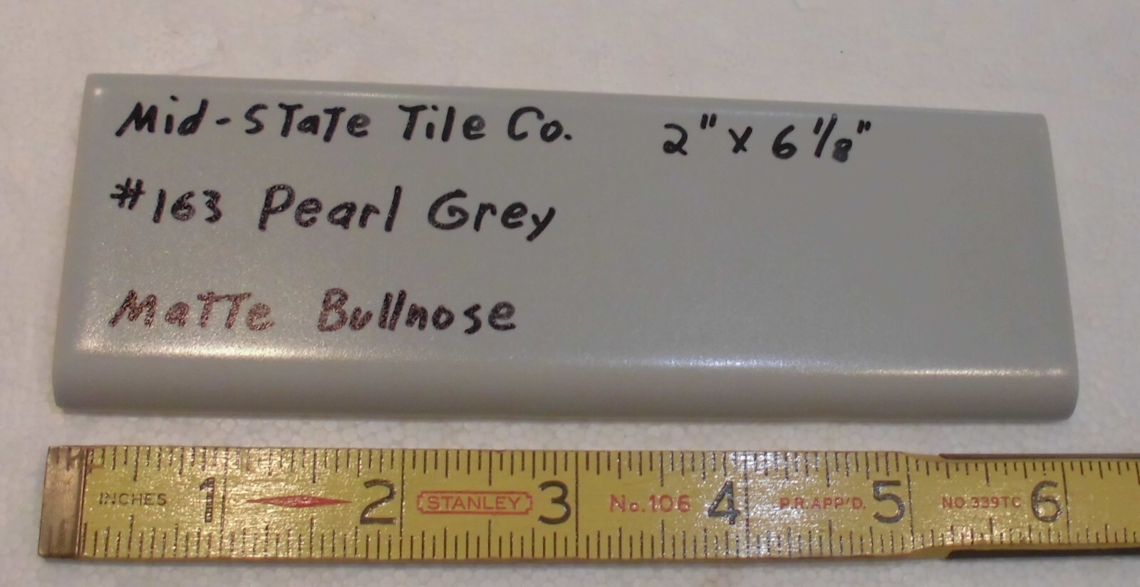 1 pc. Vintage Matte *Pearl Gray* 2” X 6-1/8” Surface Bullnose Ceramic Tile, NEW
