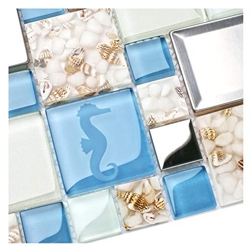 Beach Style Mosaic Tiles – Blue Sea Glass Backsplash with Real Seashells (5 Shee