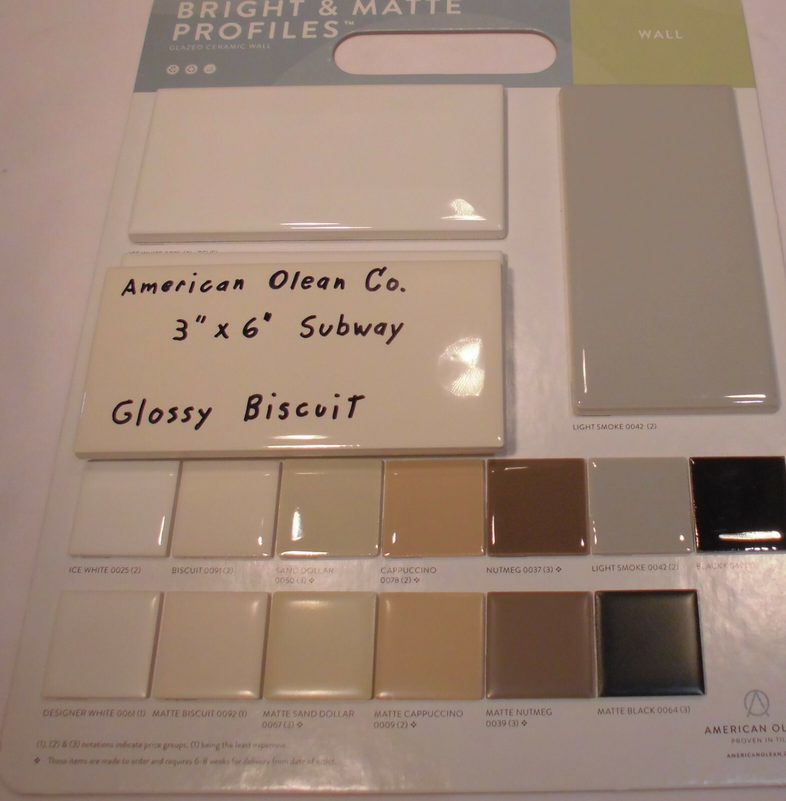 1 pc. *Glossy Biscuit* 3″ X 6″ Subway Ceramic Tiles; American Olean: New Stock