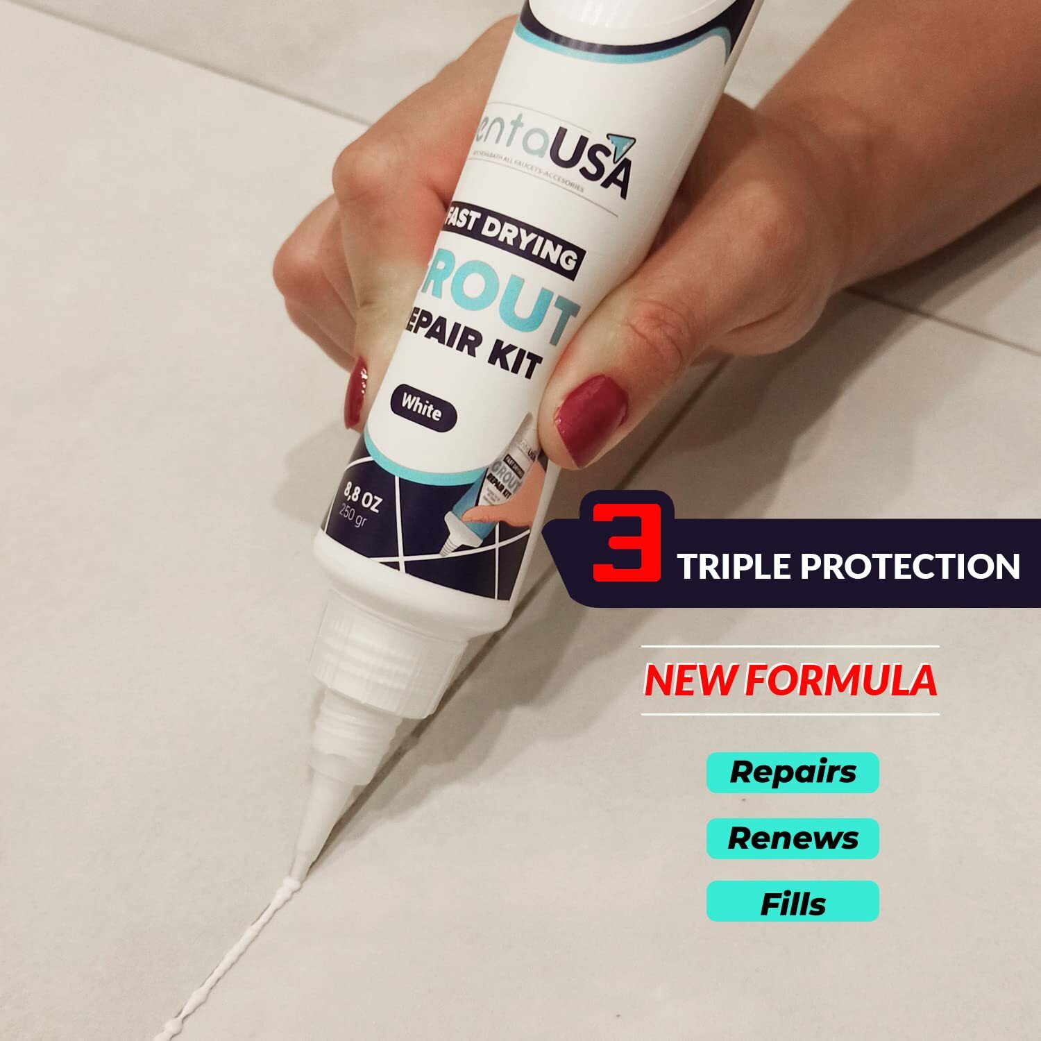 Tile Grout Repair Renew Fills Tube, 3 Triple Protection, Fast Dry Grout Repair
