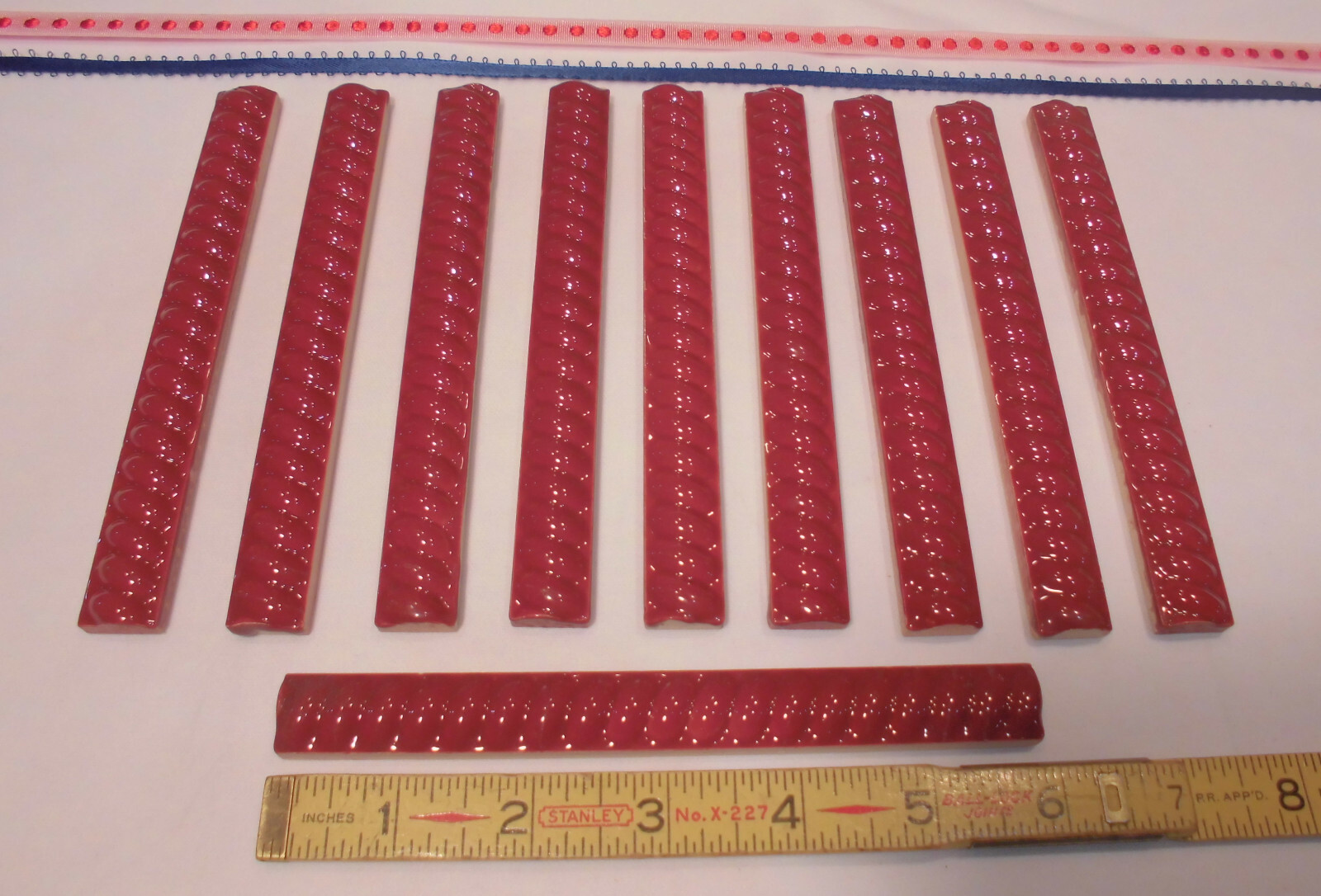 10 pcs. *Burgundy* Vintage Ceramic Liner-Pencil-Sizzle Tiles: 5/8″ X 6″ Twist