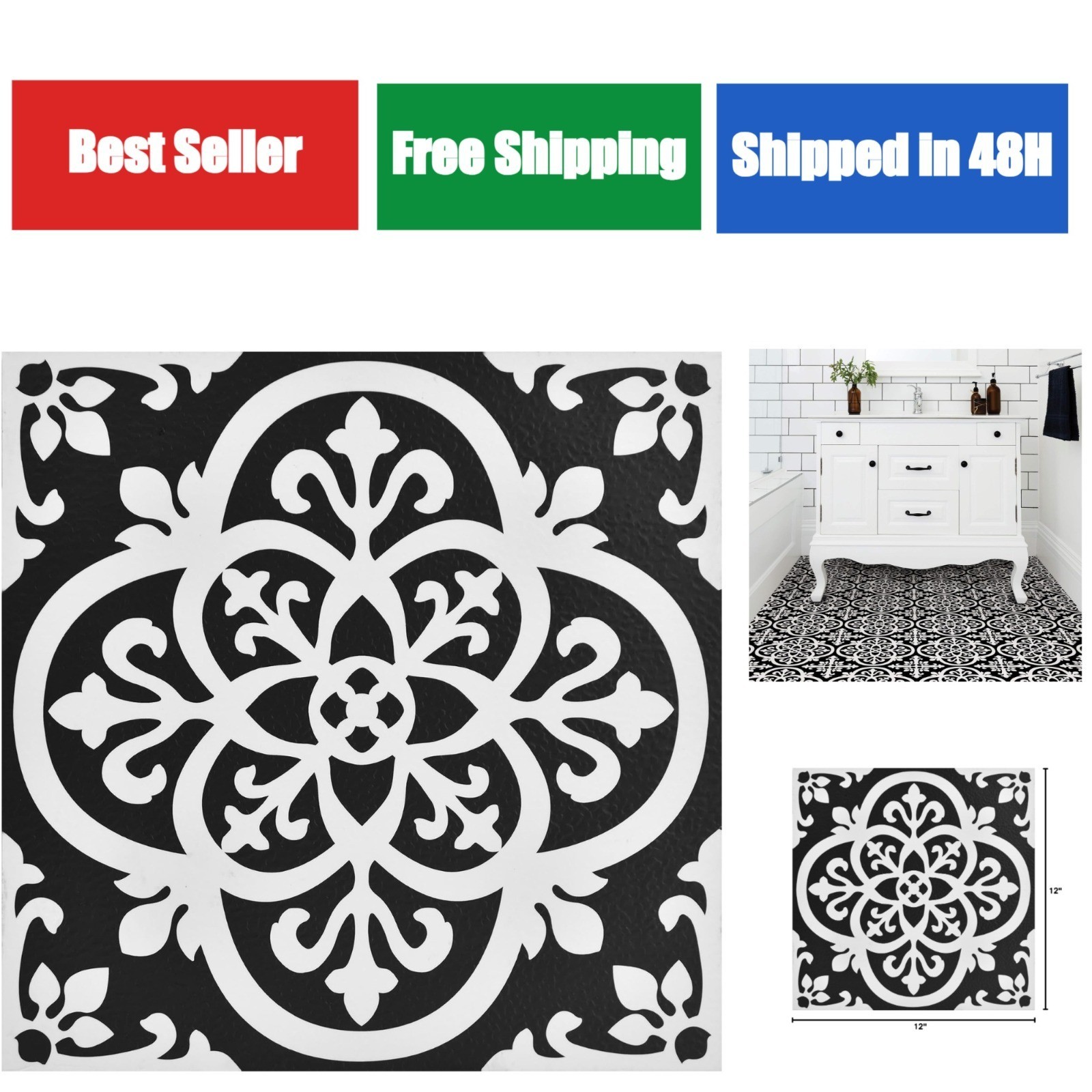 Black Gothic Peel & Stick Floor Tiles – Easy Installation, Water Resistant