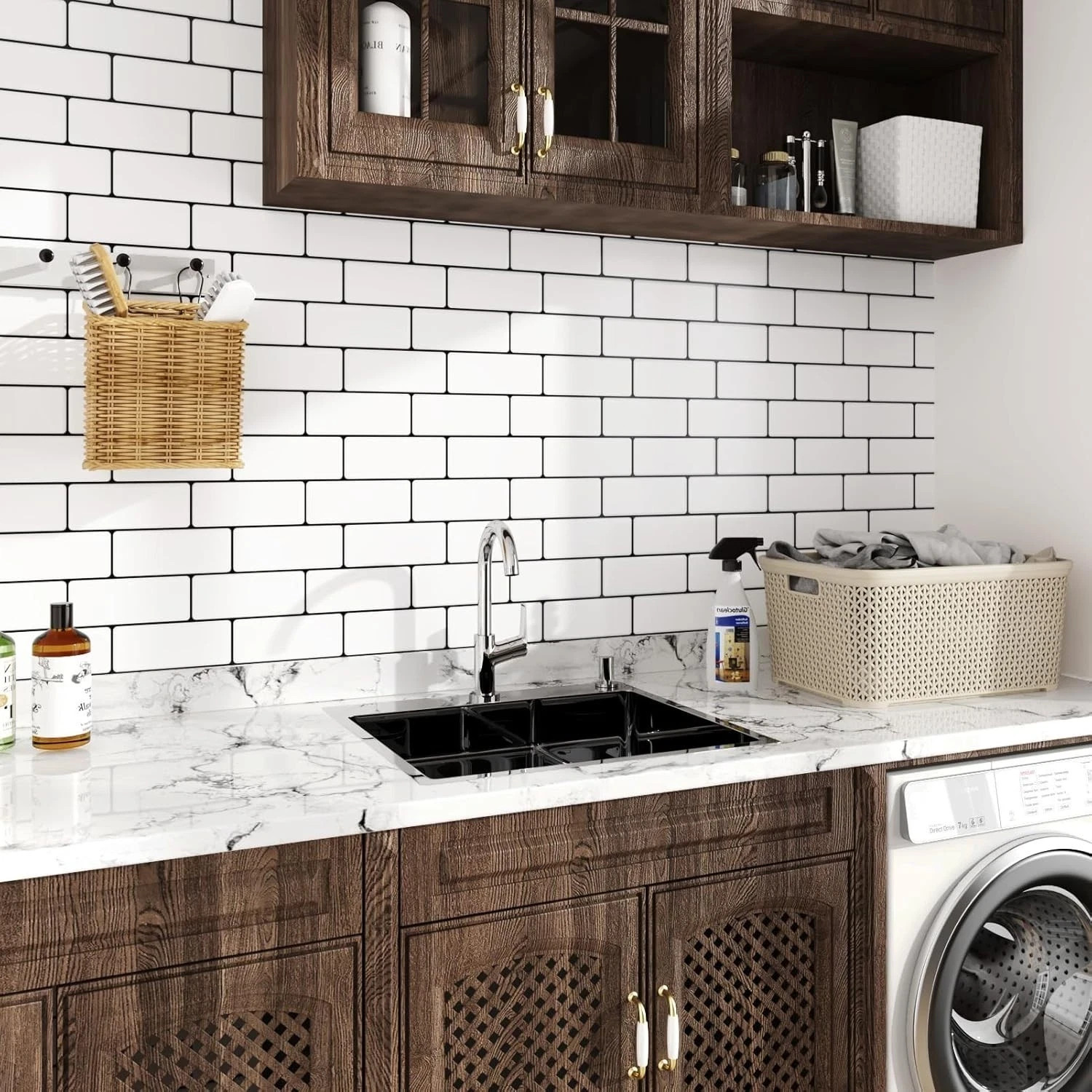 White Brick Backsplash Tile Peel and Stick Faux Marble 17.7X236” Large