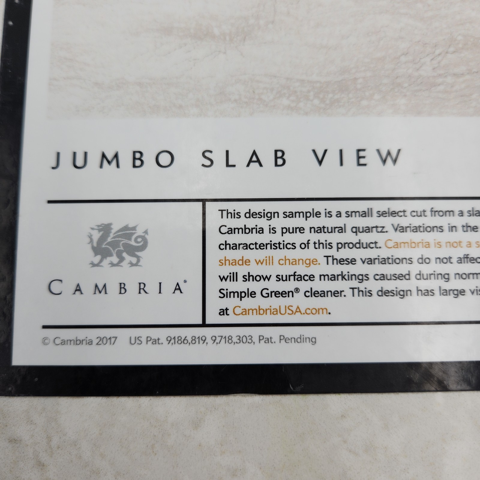 Cambria Ironsbridge Quartz Jumbo Slab Display Tile Countertop Sample