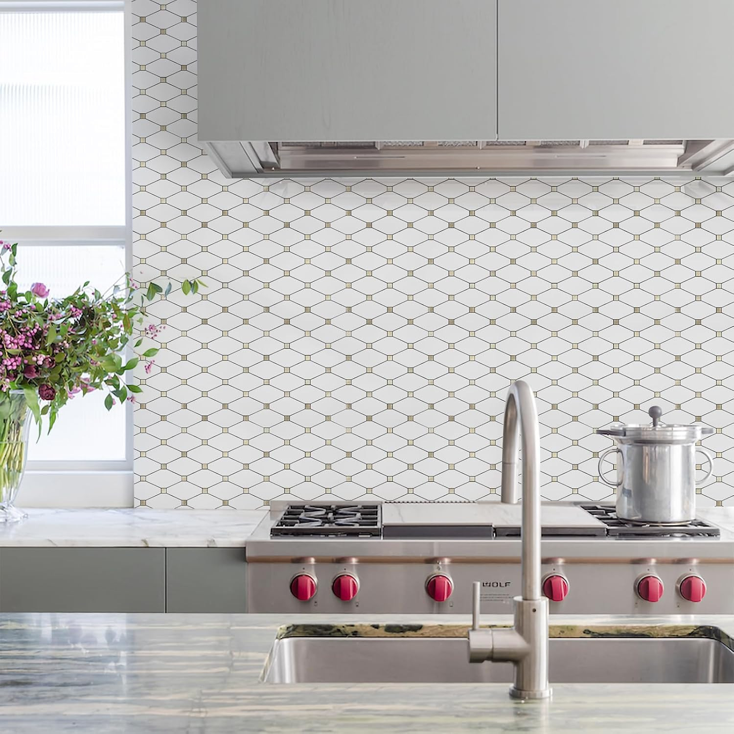 10 Sheets Peel and Stick Backsplash, Pure White Marble Look PVC Mixed Metal Gold