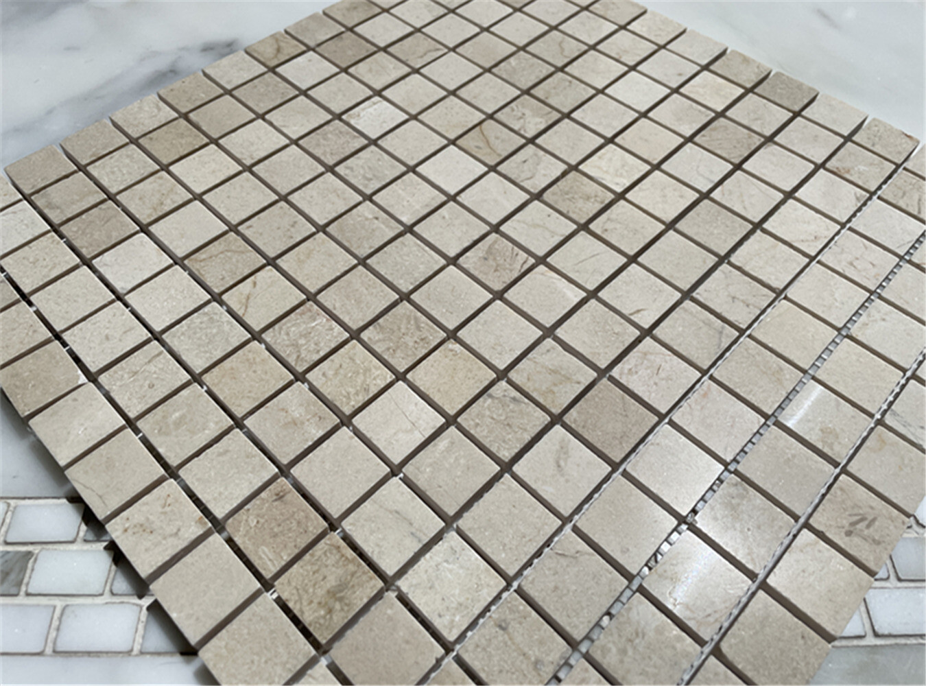 M23XP Crema Marfil Beige Marble 3/4×3/4 Grid Square Mosaic Tile Polished