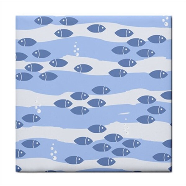 Sea Ocean Life Ceramic Tile Set Of 4 Modern Blue Backsplash Tiles 4.25 In