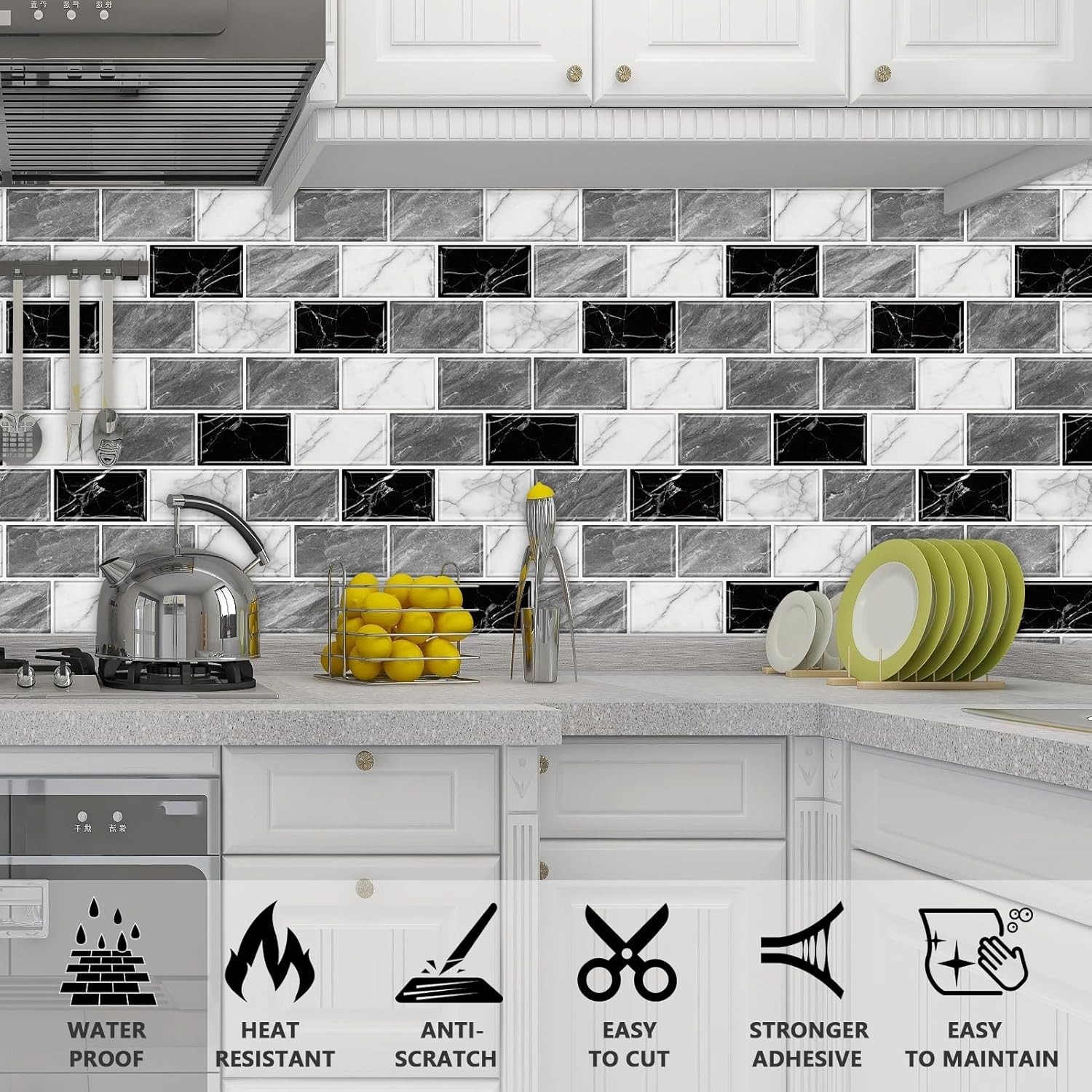 10 Sheets Peel & Stick Marble Backsplash Tiles 12×12 in Gray White Black