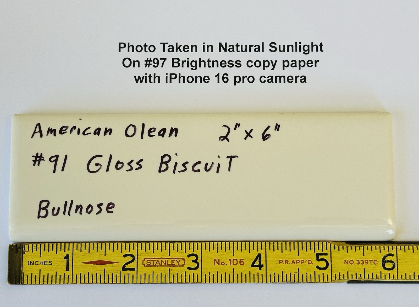 1 pc. Gloss Biscuit #91 by American Olean 2″ X 6″ Surface Bullnose Ceramic Tile