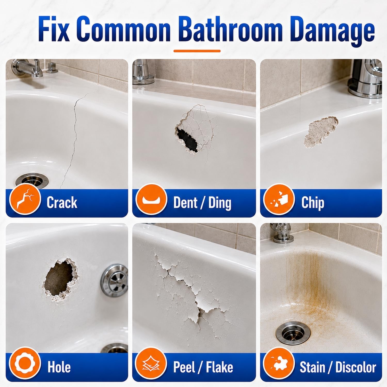 Tub Repair Kit White, Tub Chip and Bathtub Repair Kit for Enamel, Fiberglass, Ac