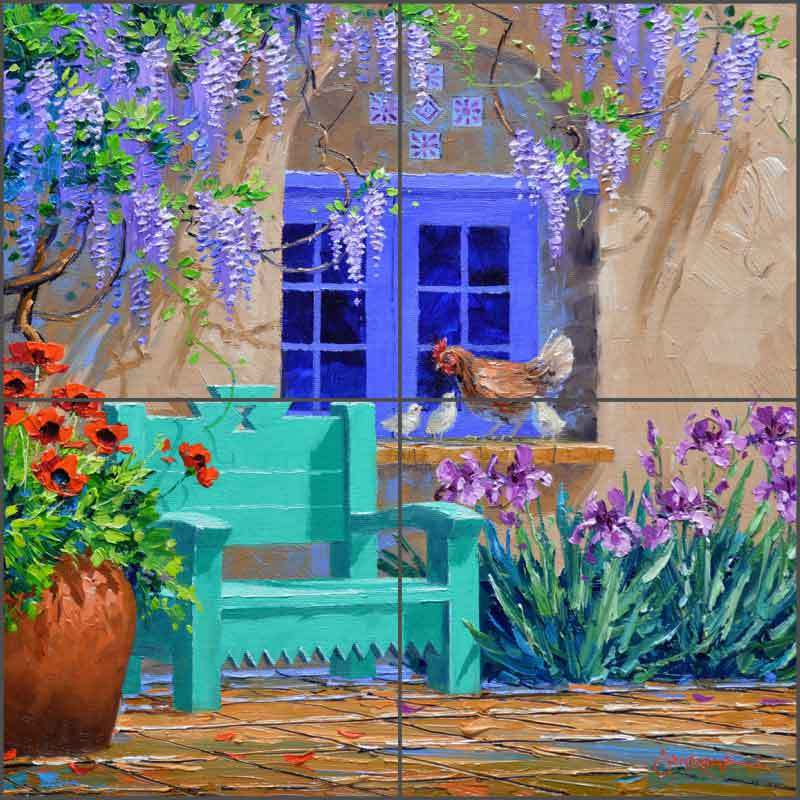 Ceramic Tile Mural Backsplash Senkarik Floral Courtyard Bench Art MSA175