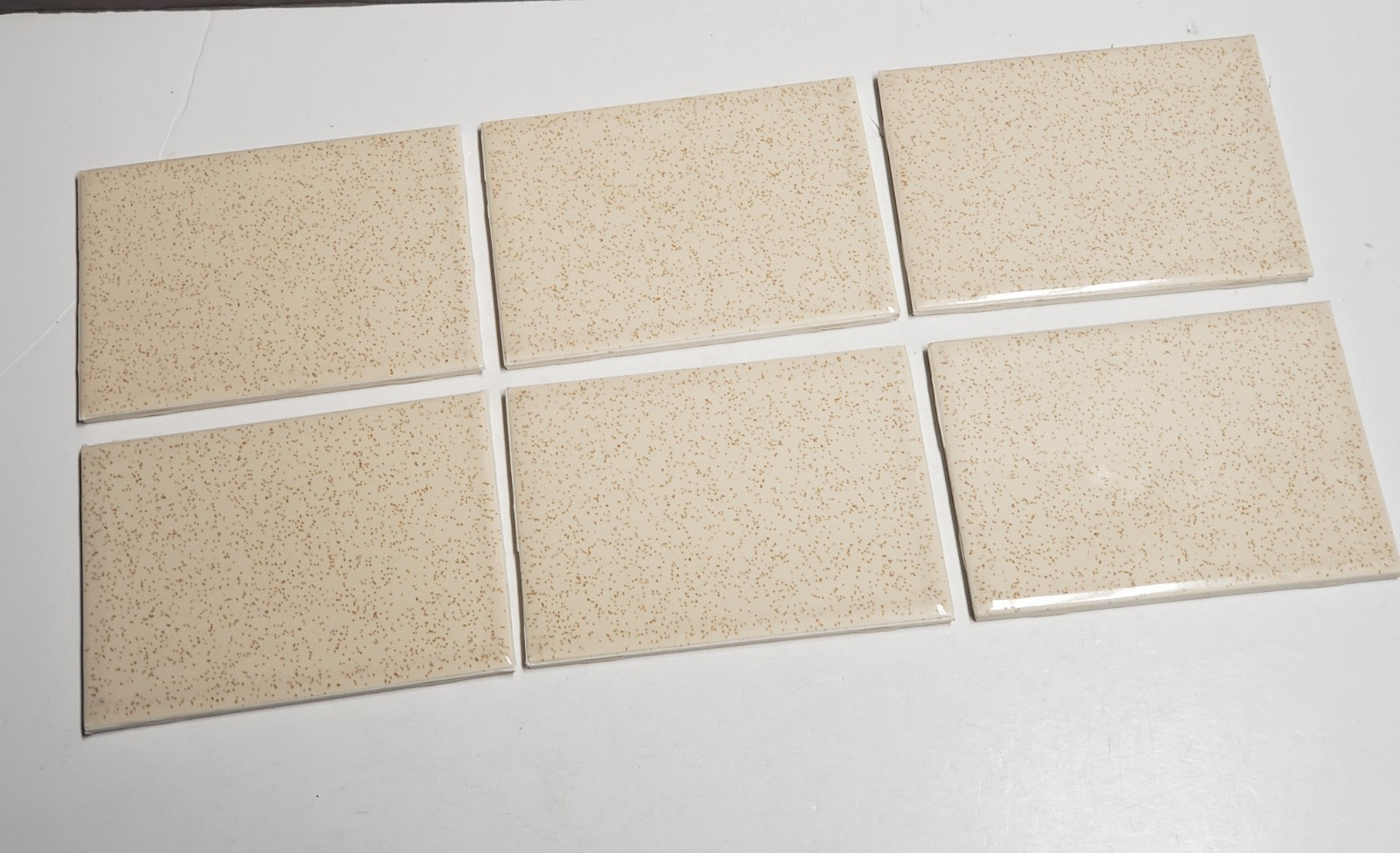 Vtg 6 AO Ceramic Tiles WIDE Rectangle 4 1/4 x 6 Beige w/brown flecks Glossy NOS
