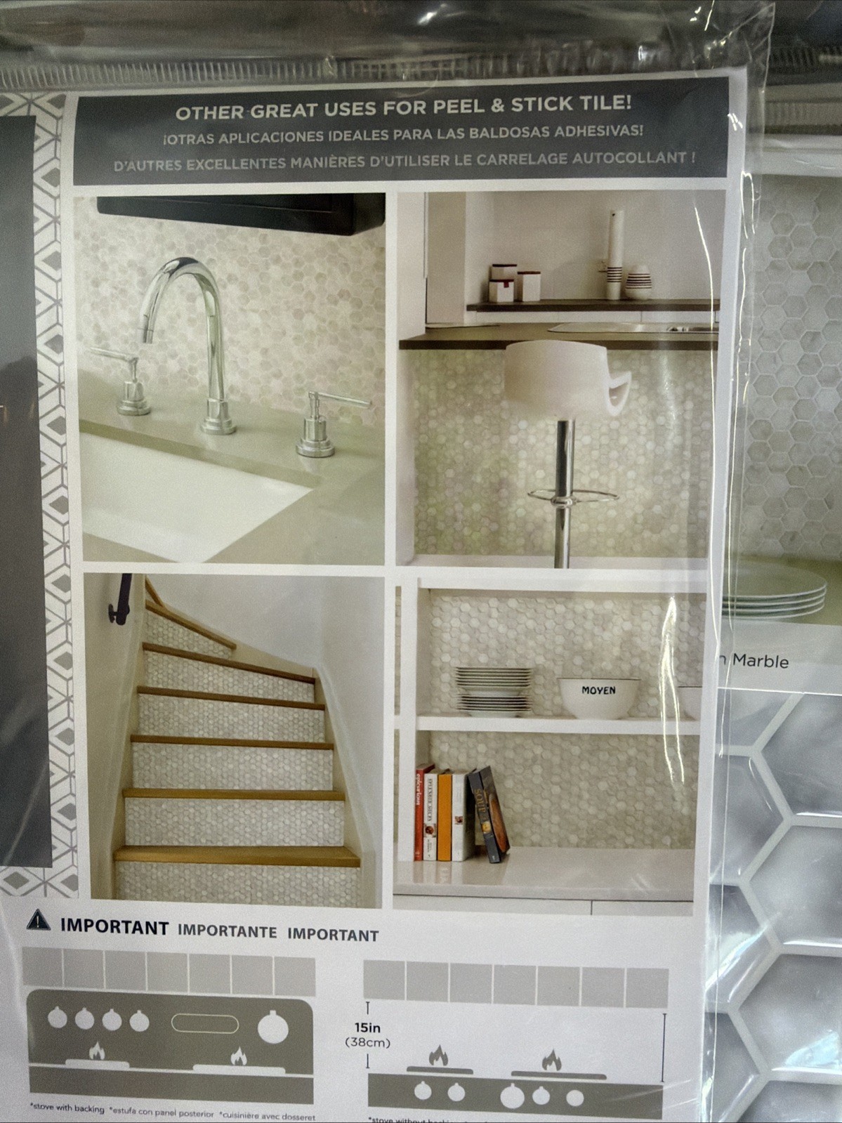 20 Tiles – InHome NH2359 Hexagon Marble Peel Stick Backsplash Tiles, White Grey