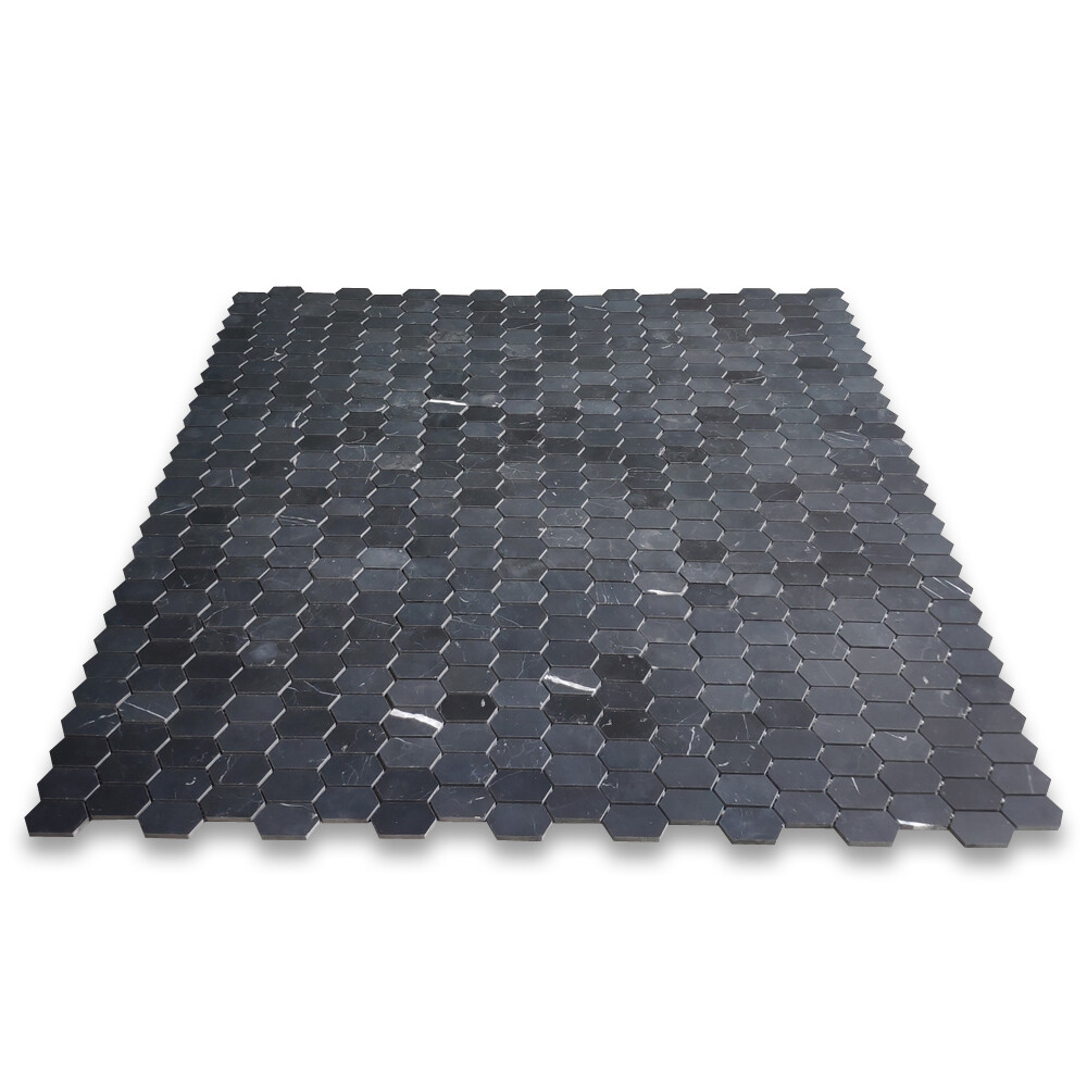 N30AXH Nero Marquina Black Marble Constellation Hexagon Mosaic Tile Honed