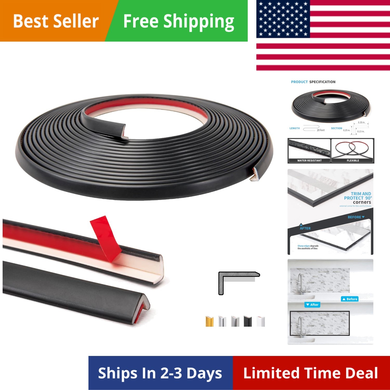 20ft Outside Vinyl Corner Trim Peel and Stick for Tile and Wall Edges, Furnit…
