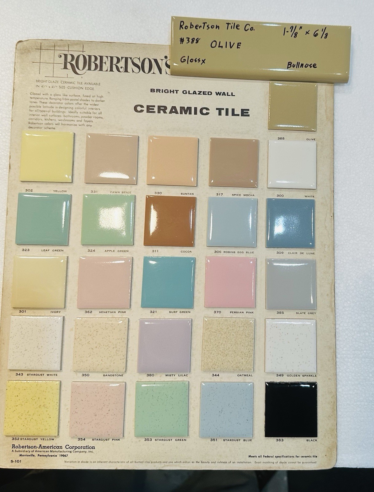 1 pc. Olive – Green: 2” X 6” Glossy Bullnose Ceramic Tile by Robertson, NOS