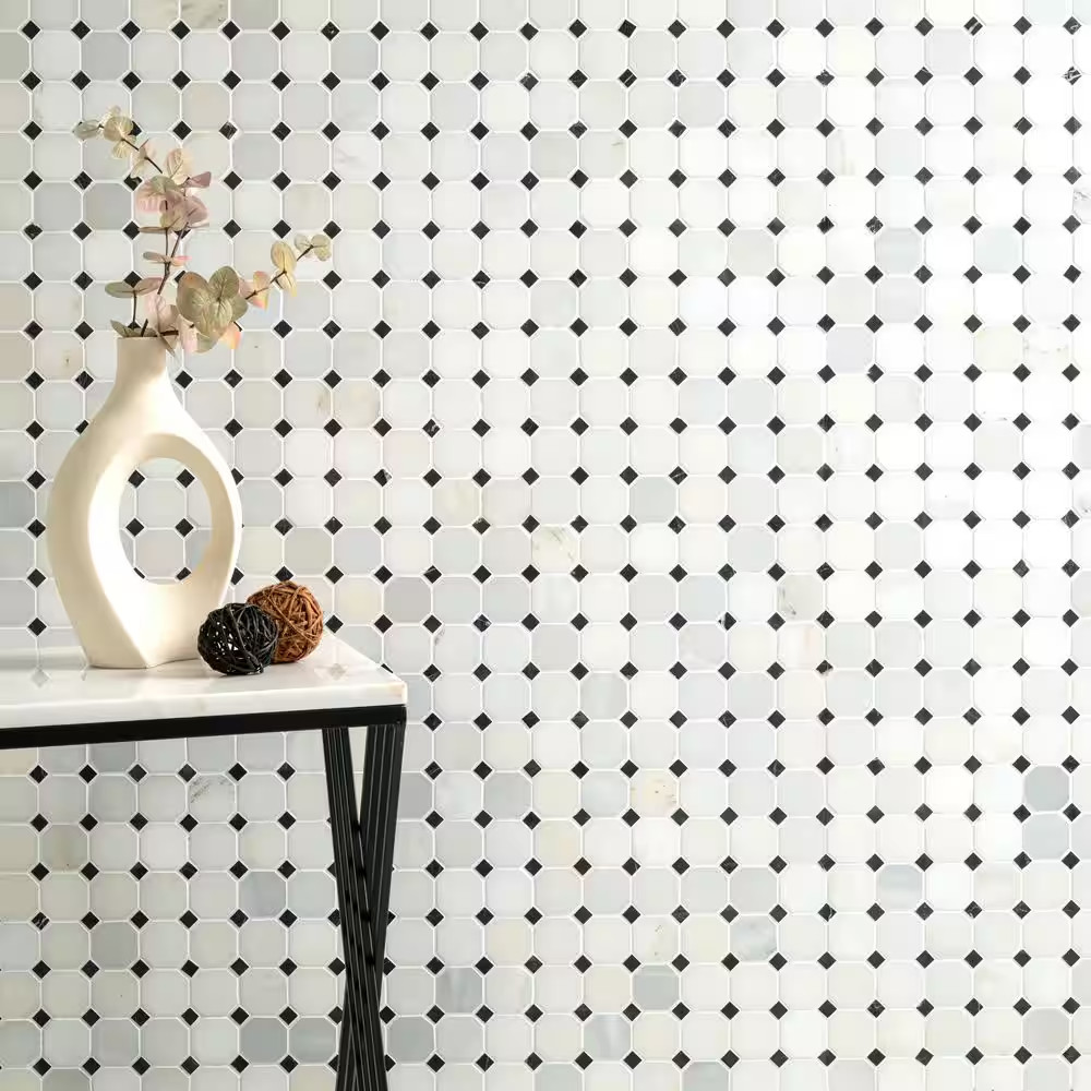 Greecian White 12X12X0.38 In. Honed Marble Octagon Mosaic White Marble and Black
