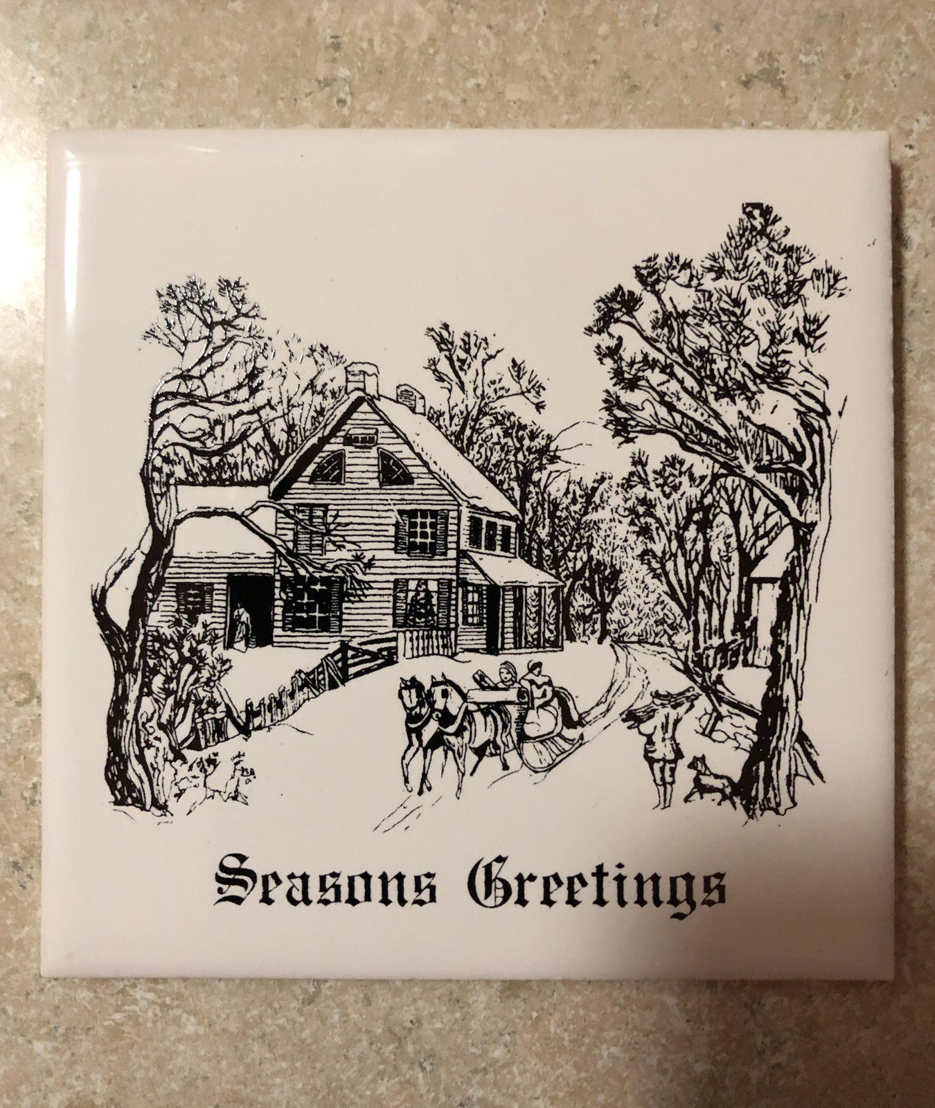 Vintage Seasons Greetings ceramic glazed tile 4 1/4 X 4 1/4 England cork back