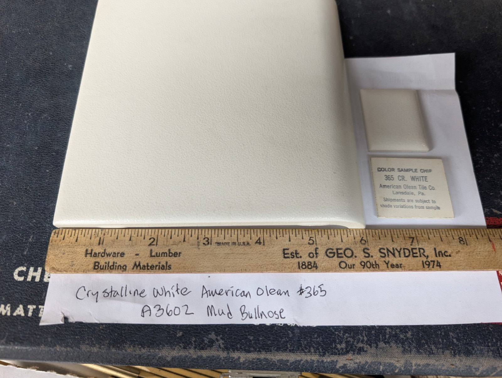 1 pc American Olean Crystalline White ceramic tile #365 6″ Mud Bullnose 60s 70s