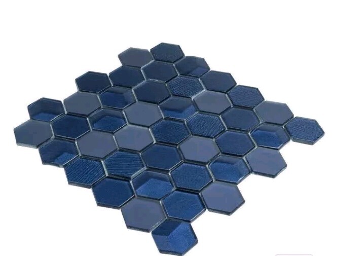 Hex Glass 2″ Hexagon Ink Blue Glass Mosaic Tile 12×12
