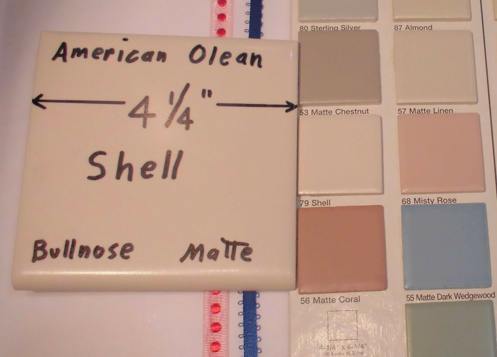 1 pc. Shell; Bullnose Matte Ceramic Tile; American Olean Co. 4-1/4″ Hint of Pink