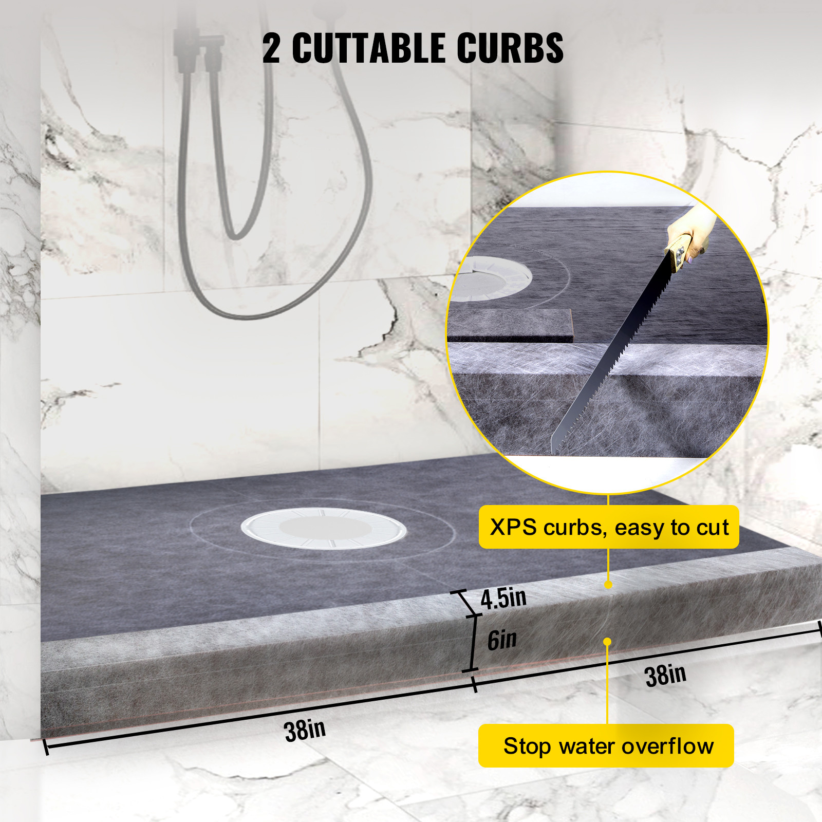 VEVOR Waterproofing Shower Kit Shower Kit Tray 38”x60” with Central Drain ABS