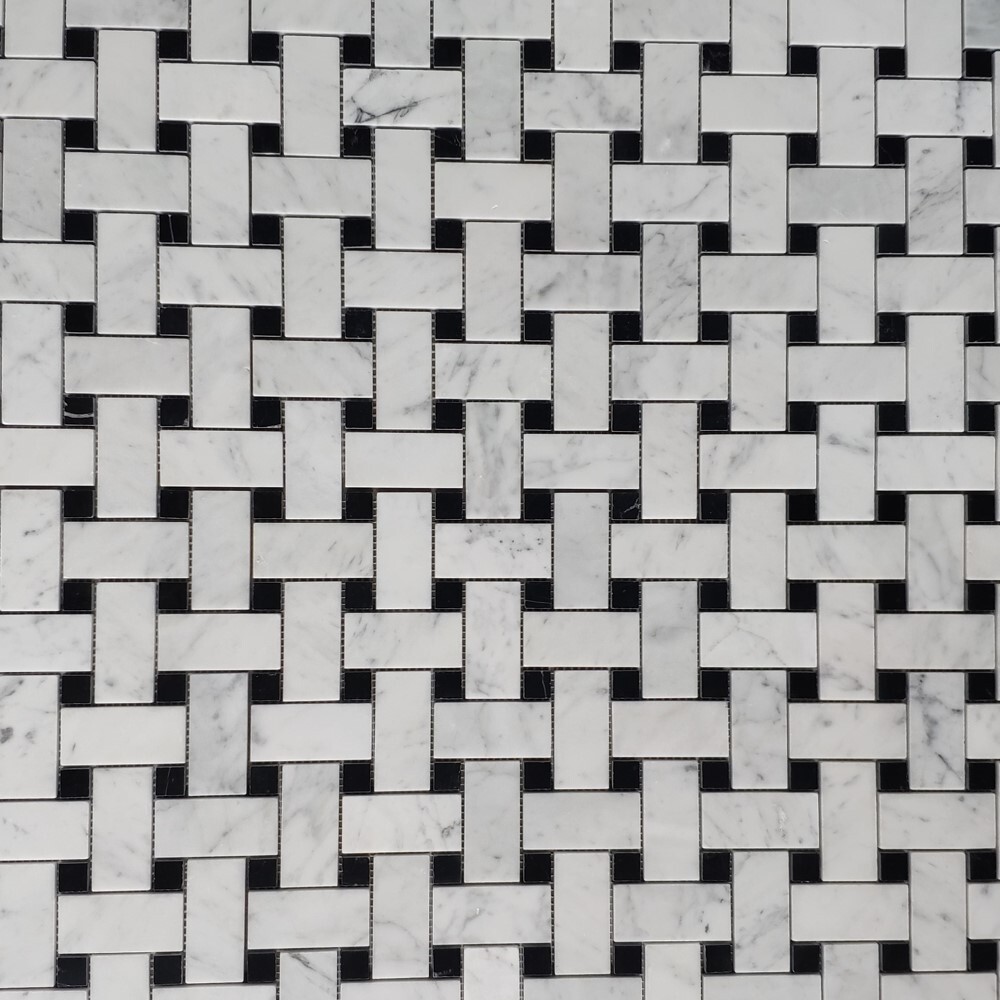 C65L1XH Carrara White Marble Wide Basketweave Mosaic Tile Black dots Honed