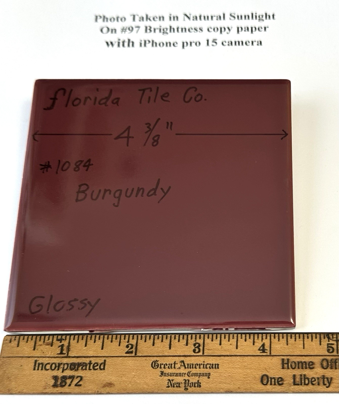 1 pc. Burgundy: 4-3/8″ Glossy Ceramic Tile by Florida Co. #1084, New Old Stock