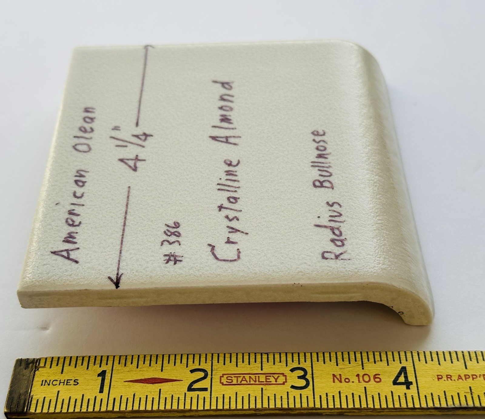1 pc. Almond: Crystalline Ceramic Radius Bullnose Tile 4-1/4” American Olean