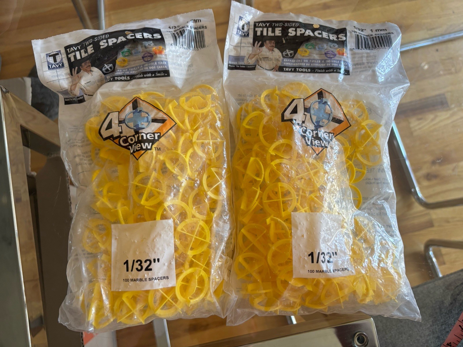 Lot Of 2 TAVY Two-Sided Tile Spacers 1/32″ 1mm 4 Corner View Yellow 100 Pack