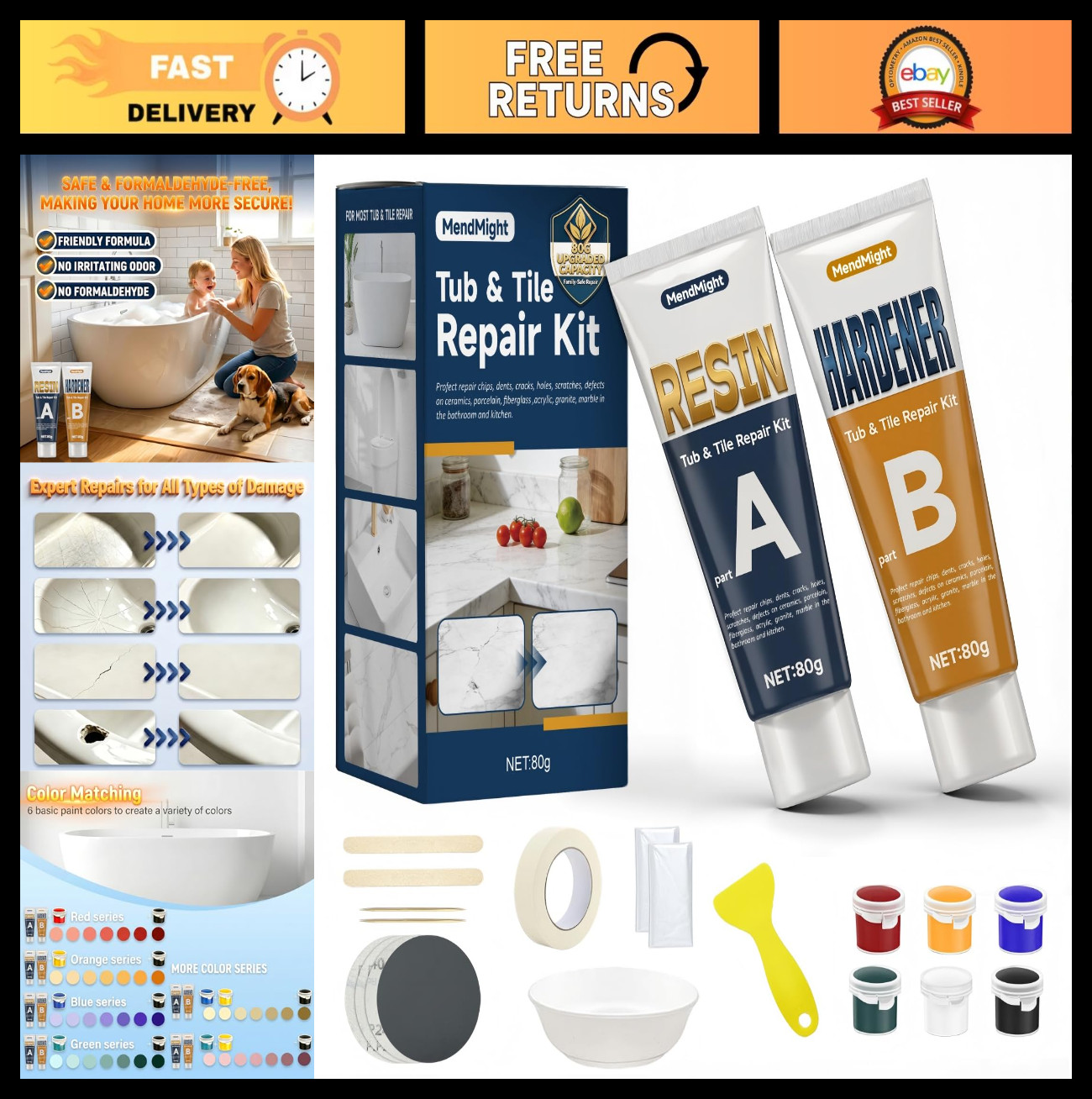 Porcelain Tile Repair Kit – 5.6 oz Epoxy Putty, 6-Color Match for Chips & Cracks
