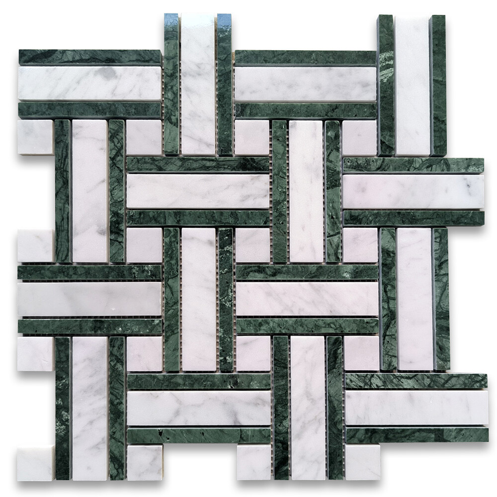 C66A2XP Carrara White Marble Twine Basketweave Mosaic Tile Indian Green