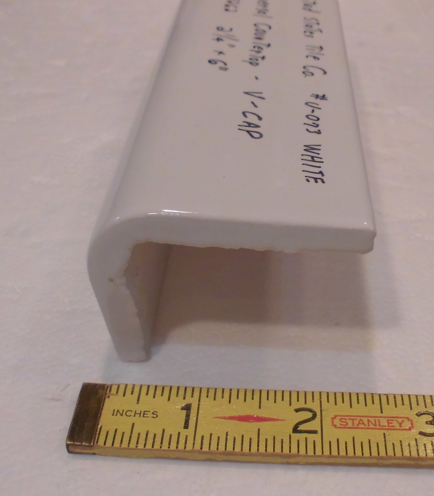 1 pc. Gloss White #U-073: V-Cap Ceramic Trim Countertop Tile: Reversable, U.S.A.