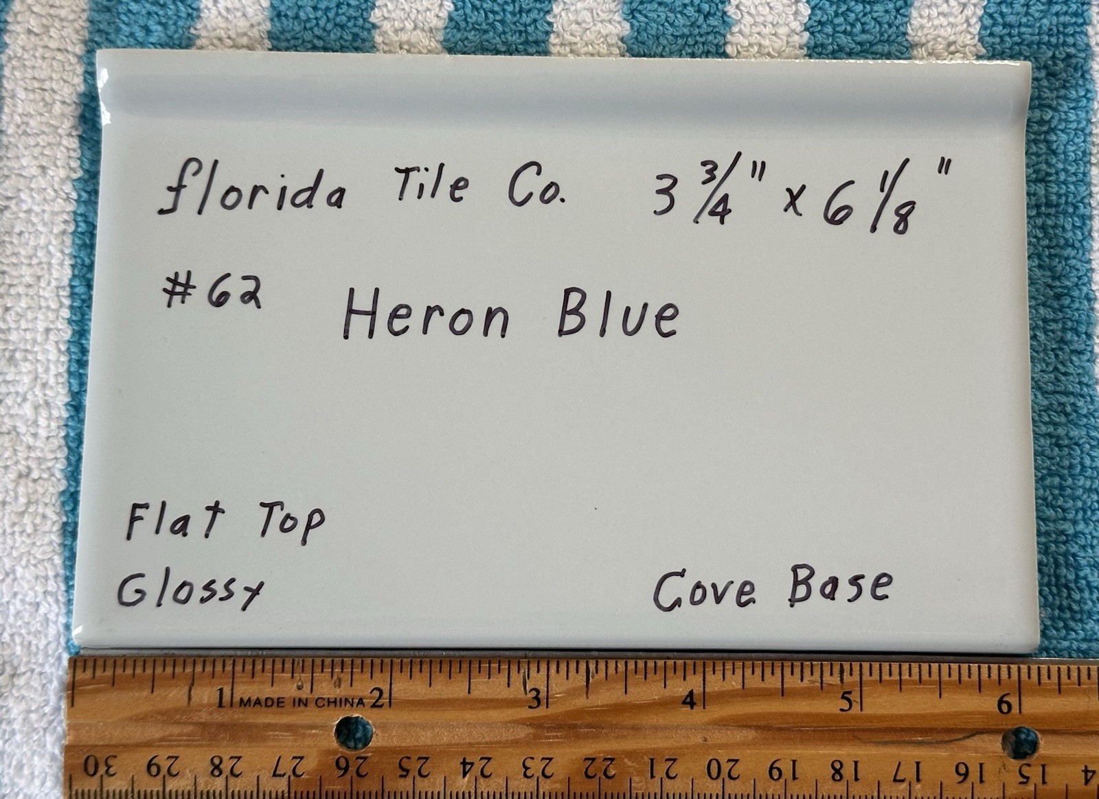 1 pc. Heron Blue: 3-3/4″ X 6-1/8″ Ceramic Cove Base Tile: florida Co. Flat Top